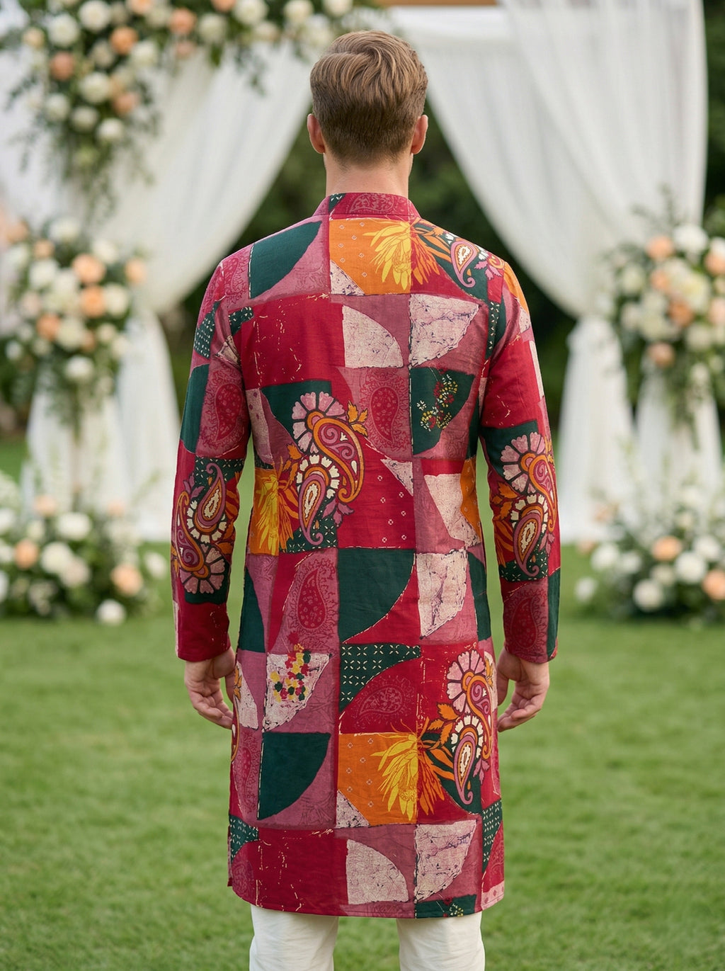 Men Maroon Patchwork Printed Ethnic Kurta