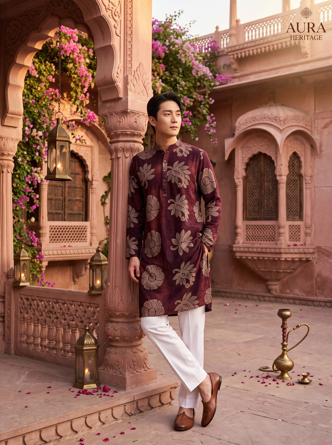 Men's Wine Maroon Beige Botanical Print Viscose Rayon Blend Kurta