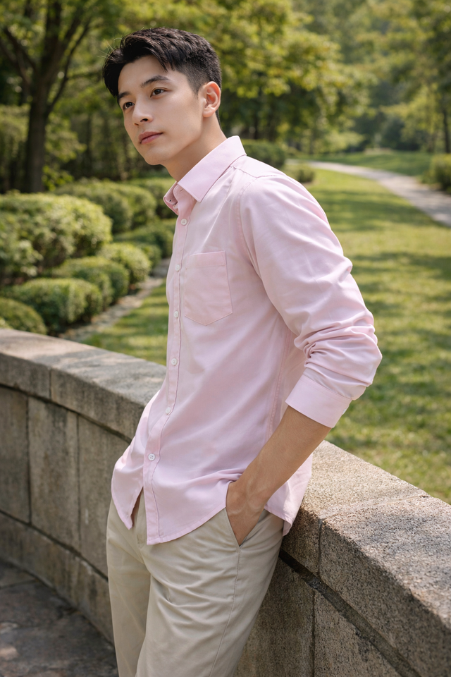 Men's light pink slim-fit casual shirt, product view