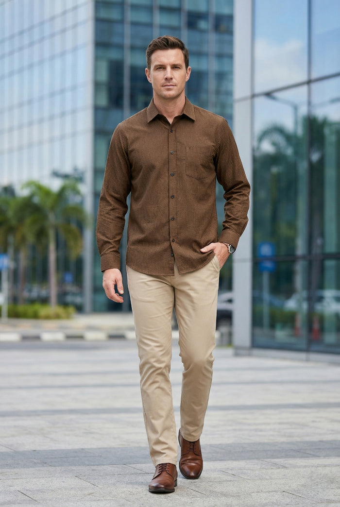 Men Dark Brown Textured Striped Slim Fit Casual Shirt 2