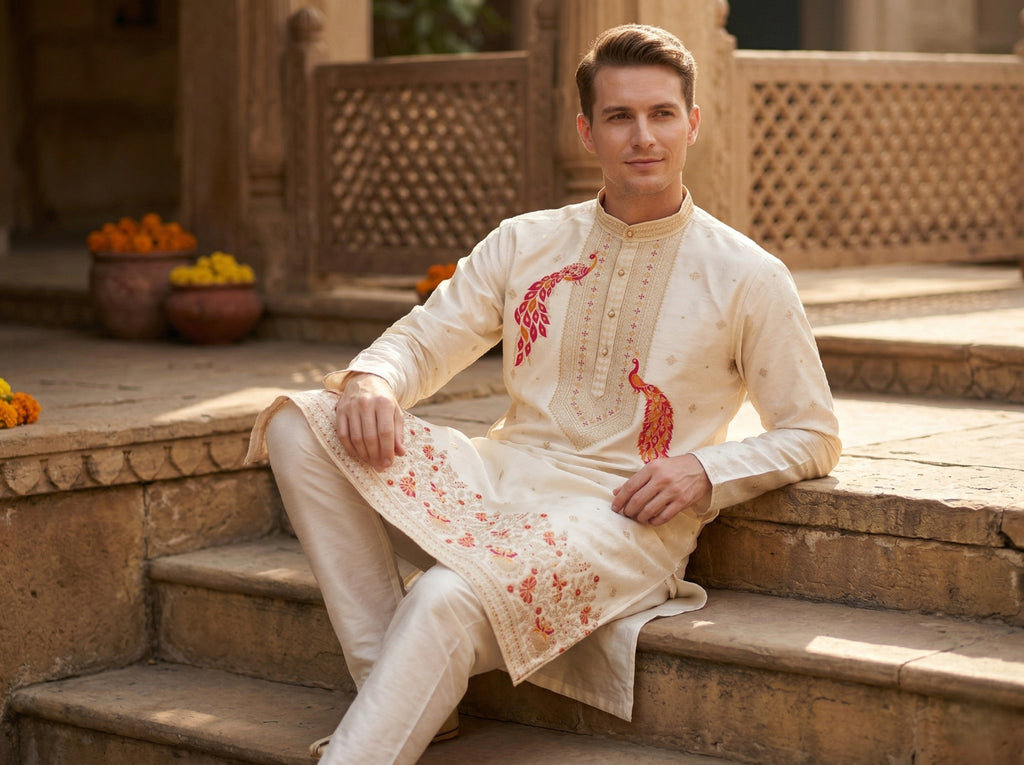 Men Cream Peacock Embroidered Ethnic Kurta with Floral Border