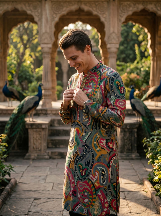 Men's Vibrant Multicolor Paisley Print Art Silk Blend Kurta