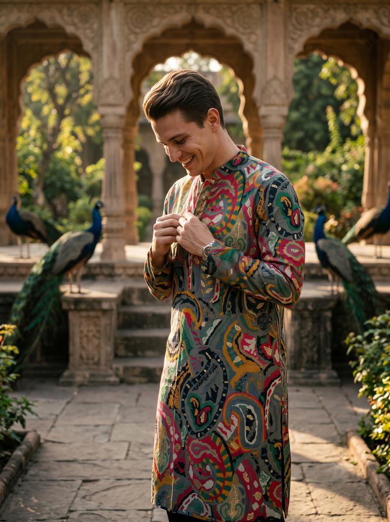 Men's Vibrant Multicolor Paisley Print Art Silk Blend Kurta 4