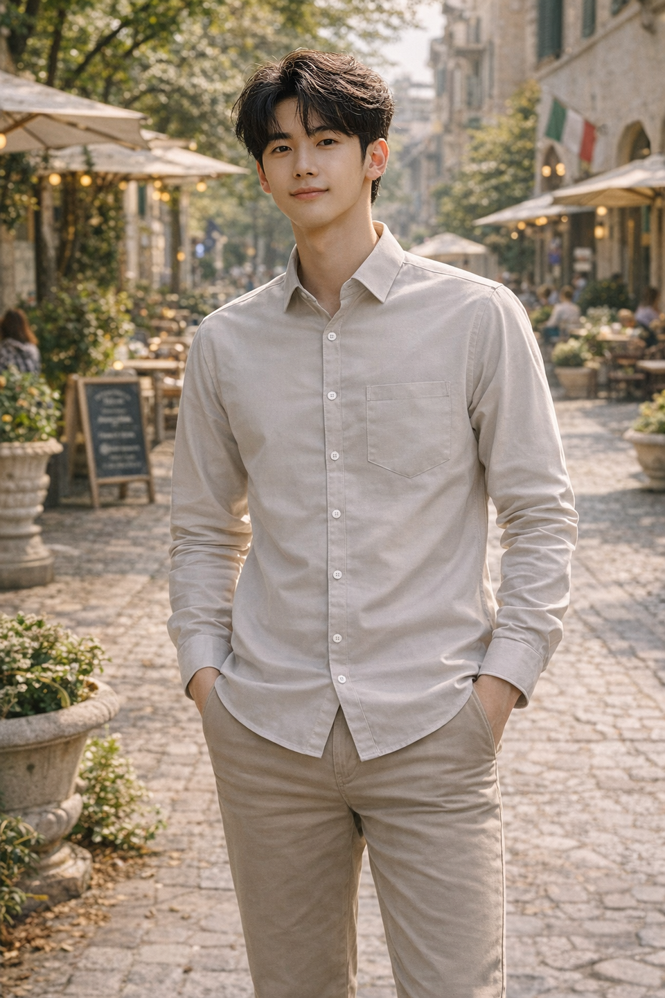 Men's cream slim-fit casual shirt, product view