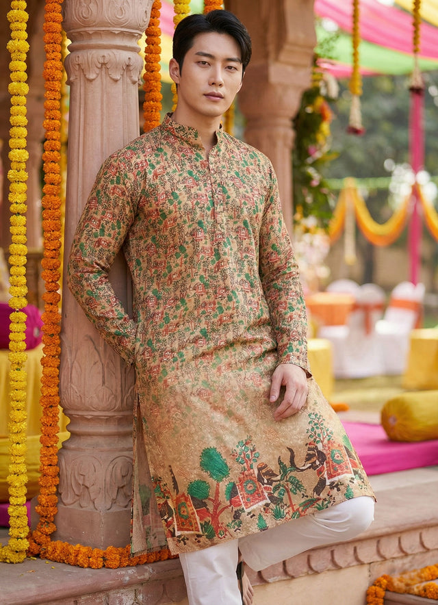 Men’s Beige Village Motif Printed Kurta