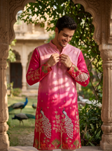 Men's Ombre Pink Peacock Embroidered Art Silk Kurta 1
