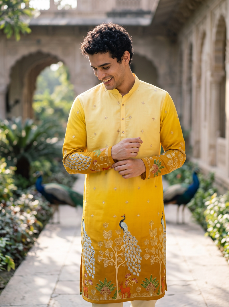 Men's Festive Yellow Ombre Art Silk Kurta with Peacock & Forest Embroidery 4