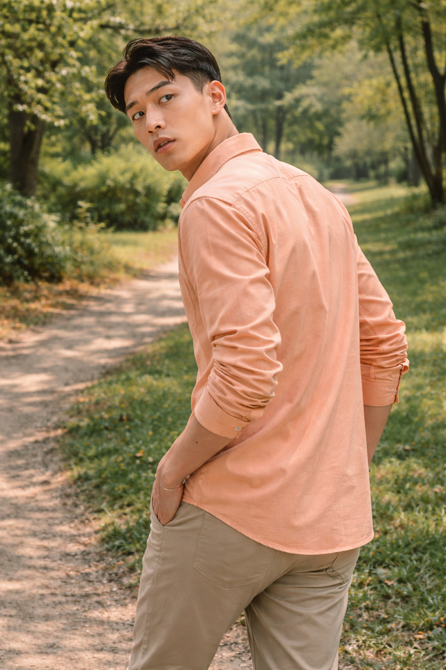 Men's peach slim-fit casual shirt, product view