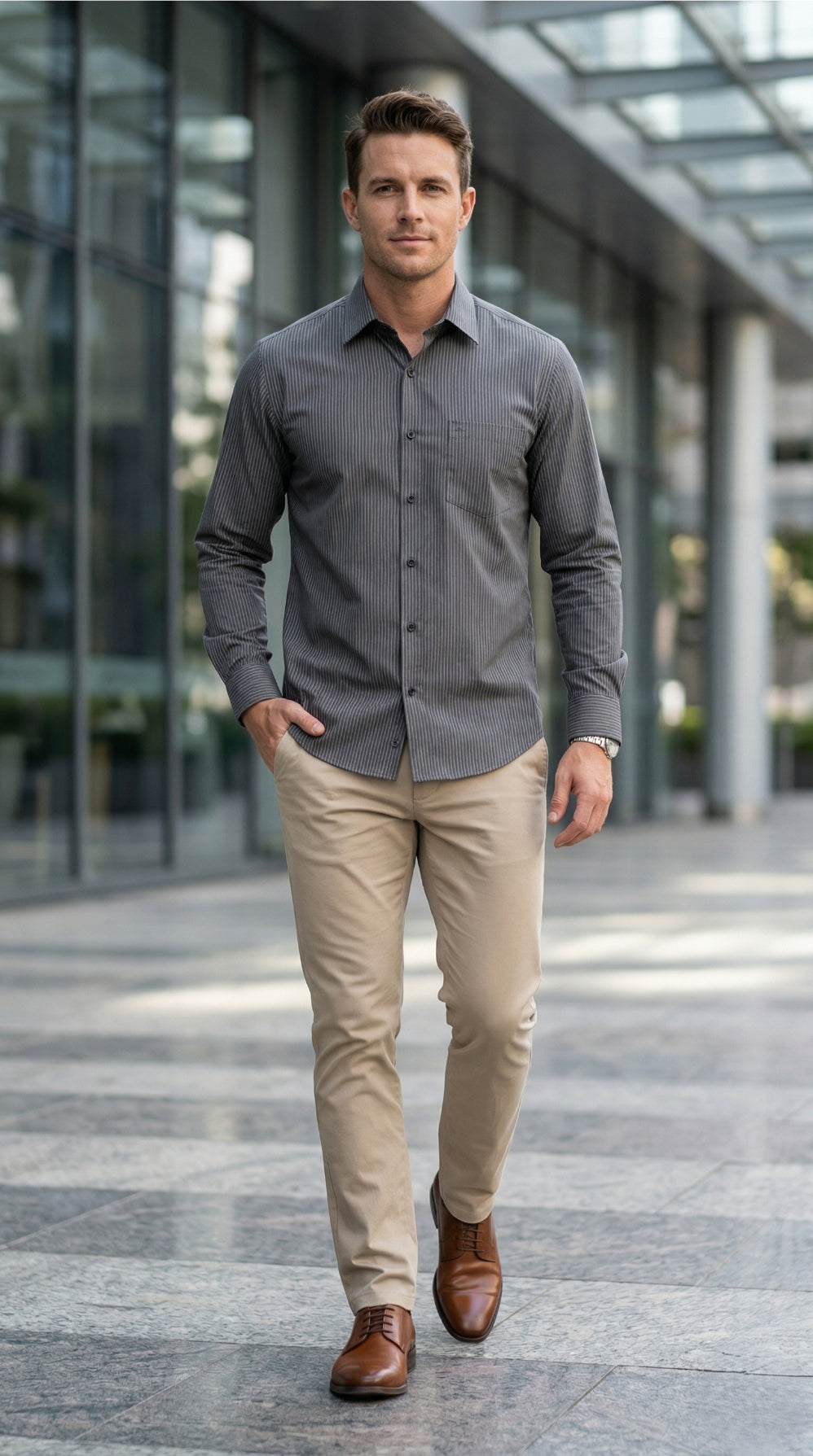 Men Grey Textured Striped Slim Fit Casual Shirt