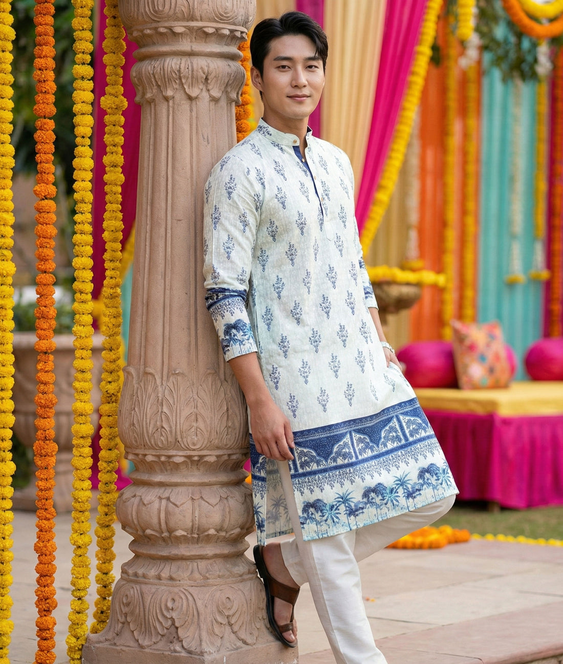 Men’s Cream & Blue Ethnic Motif Printed Kurta