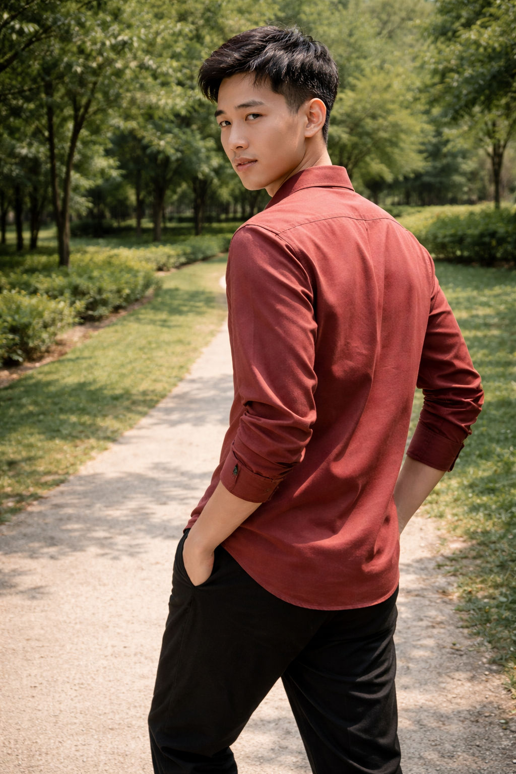 Men's burnt red slim-fit casual shirt, product view