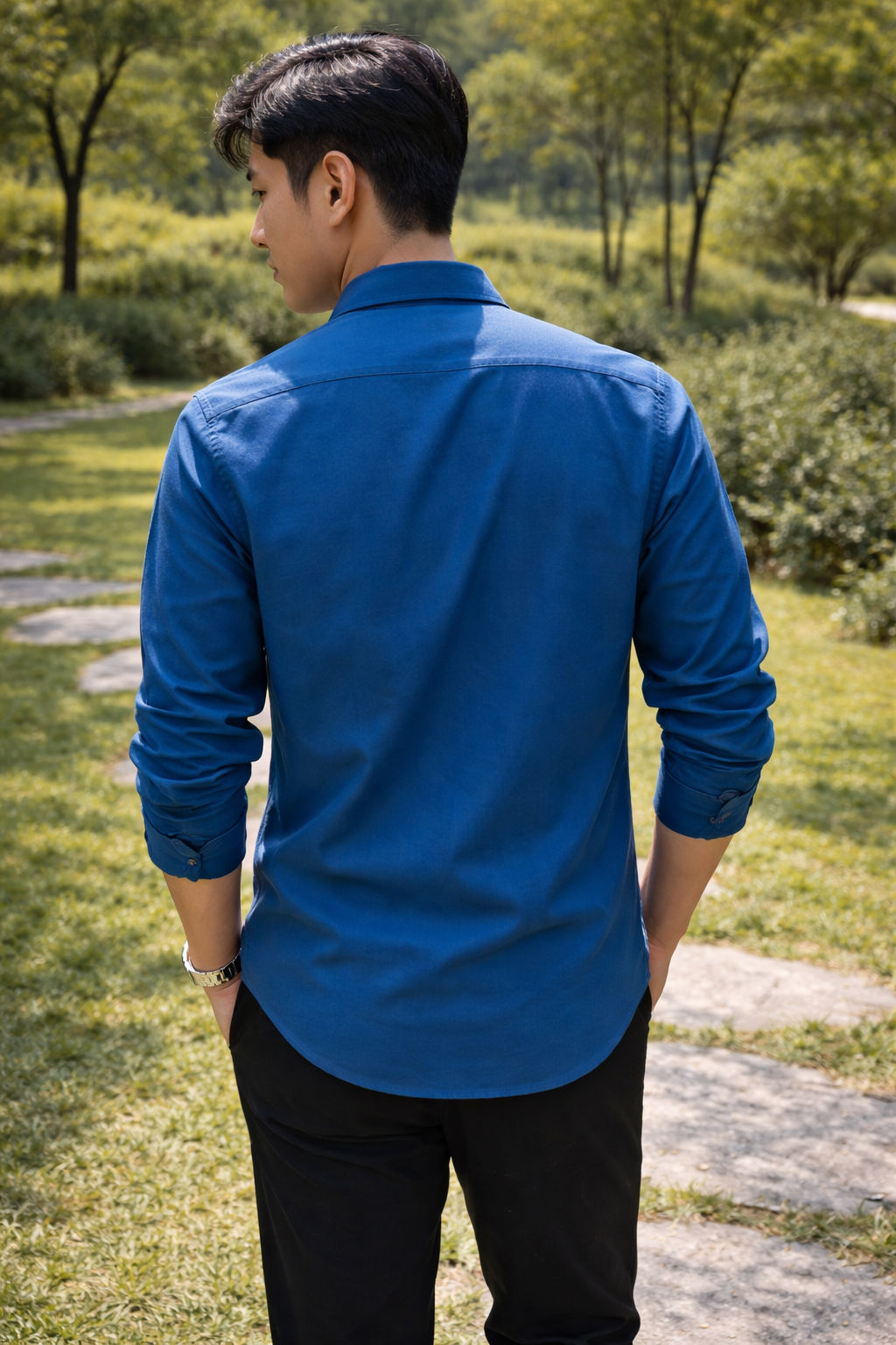 Men's royal blue slim-fit casual shirt, product view