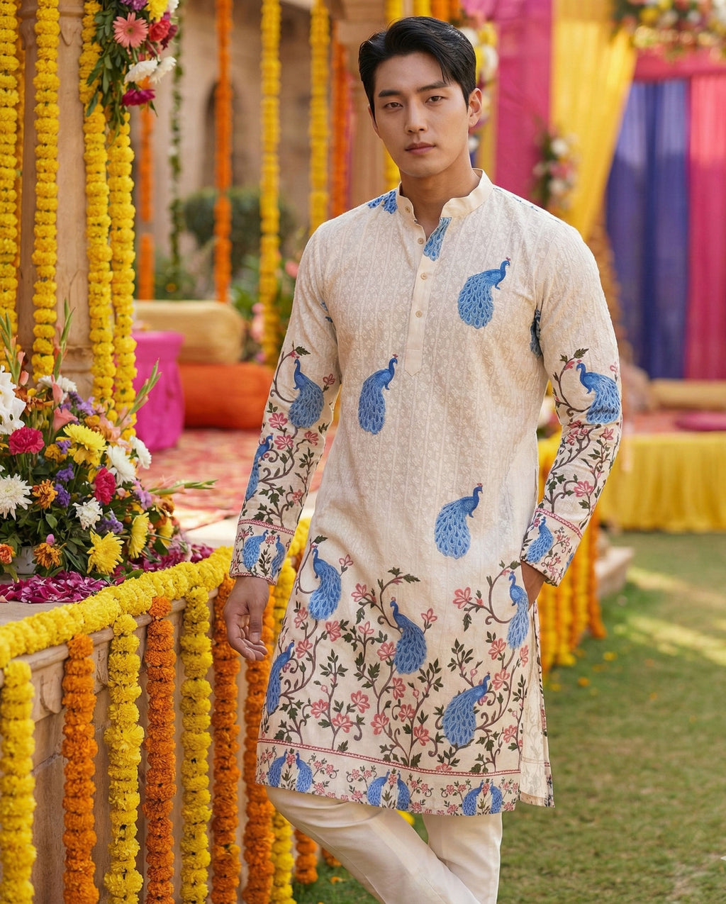 Men Cream Peacock Motif Printed Ethnic Kurta