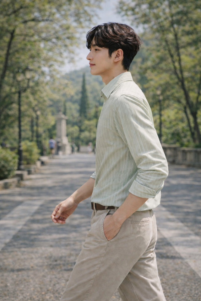 Mens Light Green Striped Slim Fit Casual Shirt