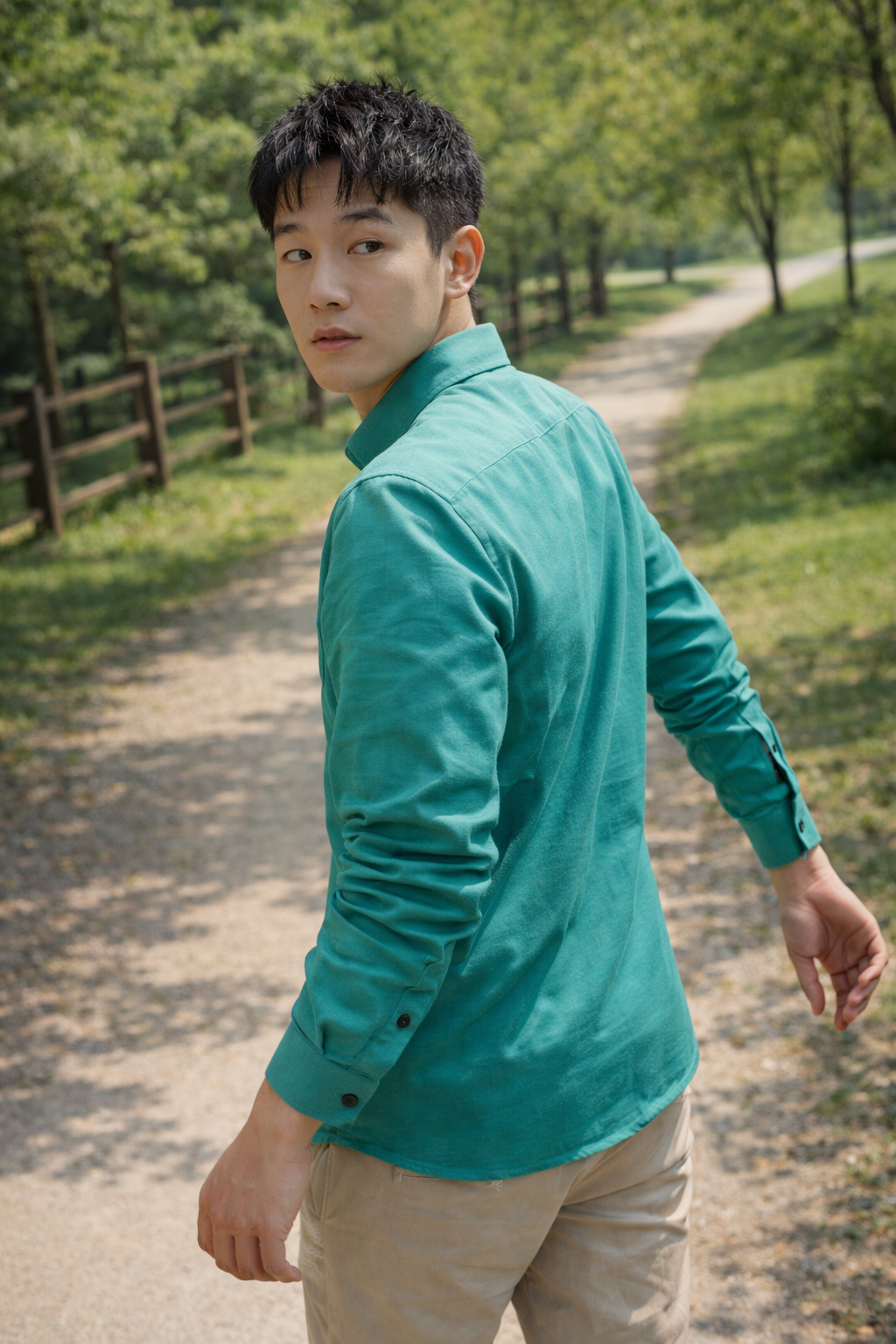 Men's teal green slim-fit casual shirt, product view