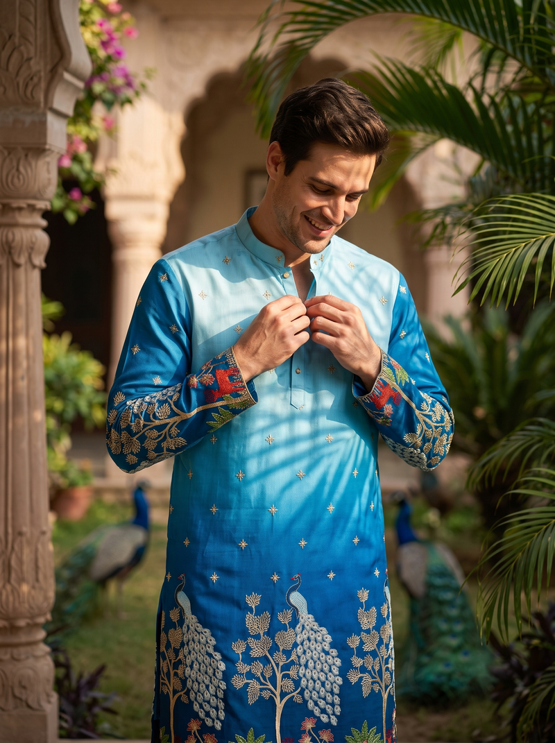Men's Ombre Blue Peacock & Forest Embroidered Art Silk Kurta 10