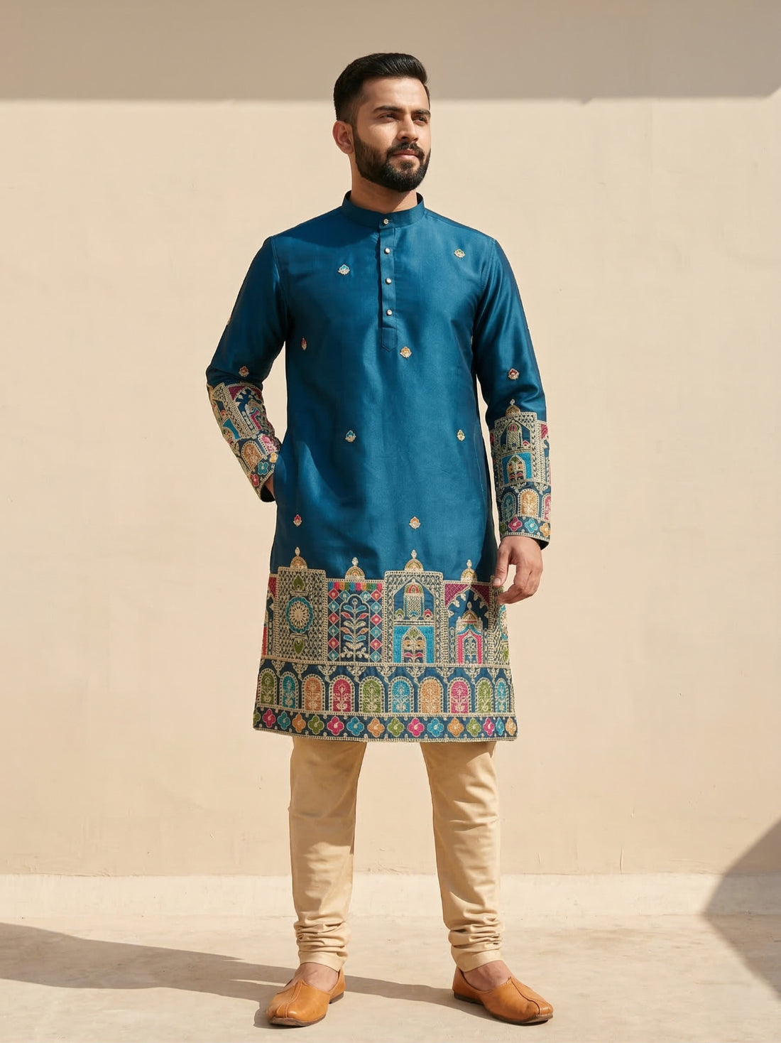 Men Blue Kurta for Festive & Wedding Wear with Ethnic Border