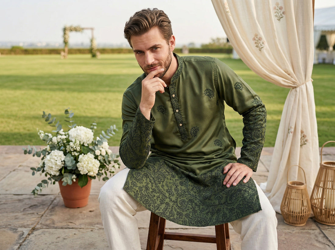 Men Olive Green Embroidered Ethnic Kurta