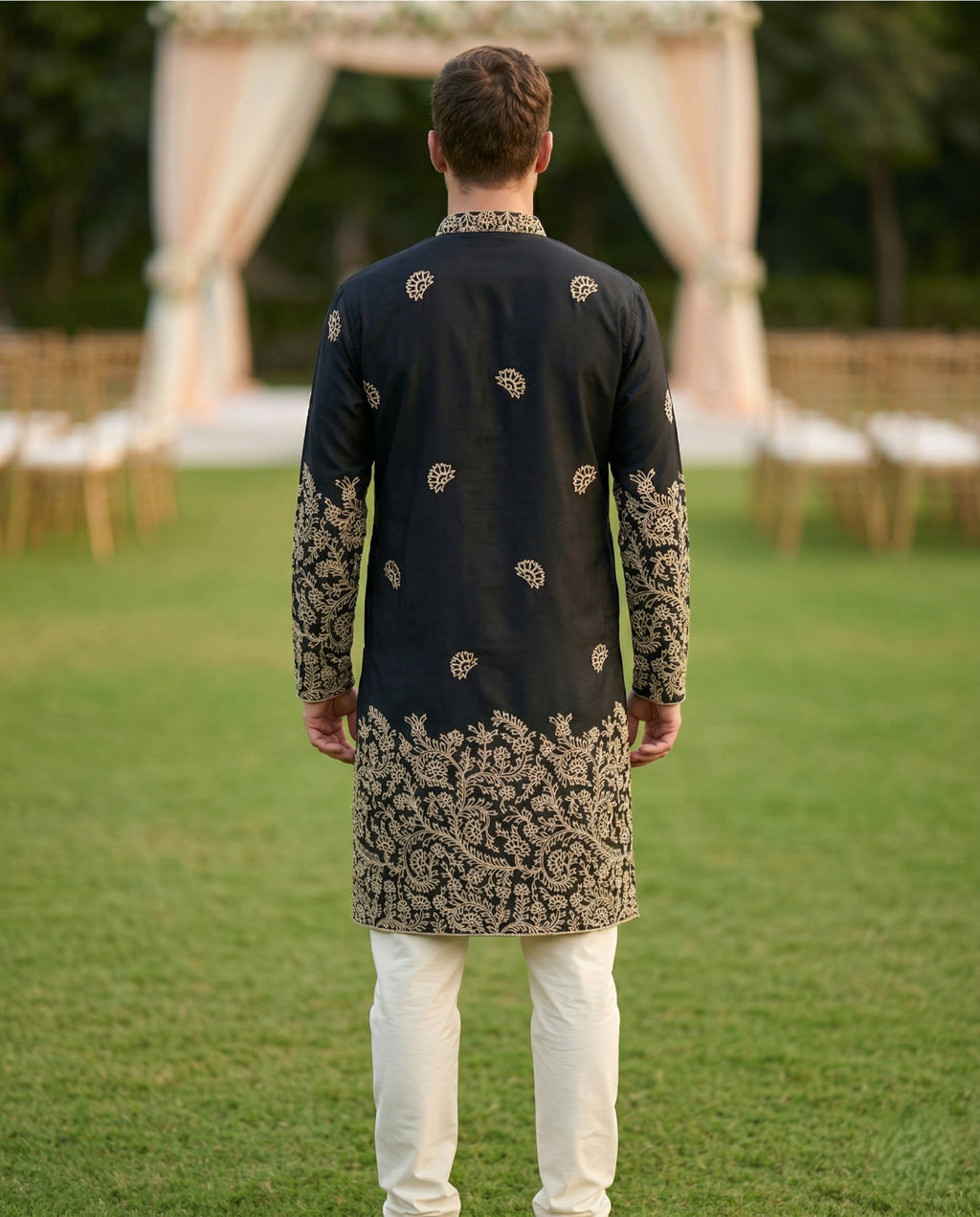 Men Black Embroidered Ethnic Kurta with Gold Detailing