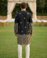Men Black Embroidered Ethnic Kurta with Gold Detailing 6