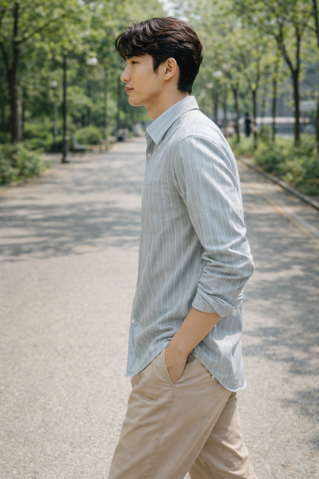 Mens Light Grey Striped Slim Fit Casual Shirt