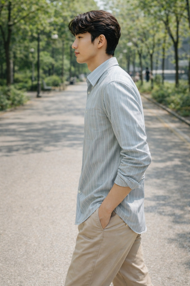 Mens Light Grey Striped Slim Fit Casual Shirt