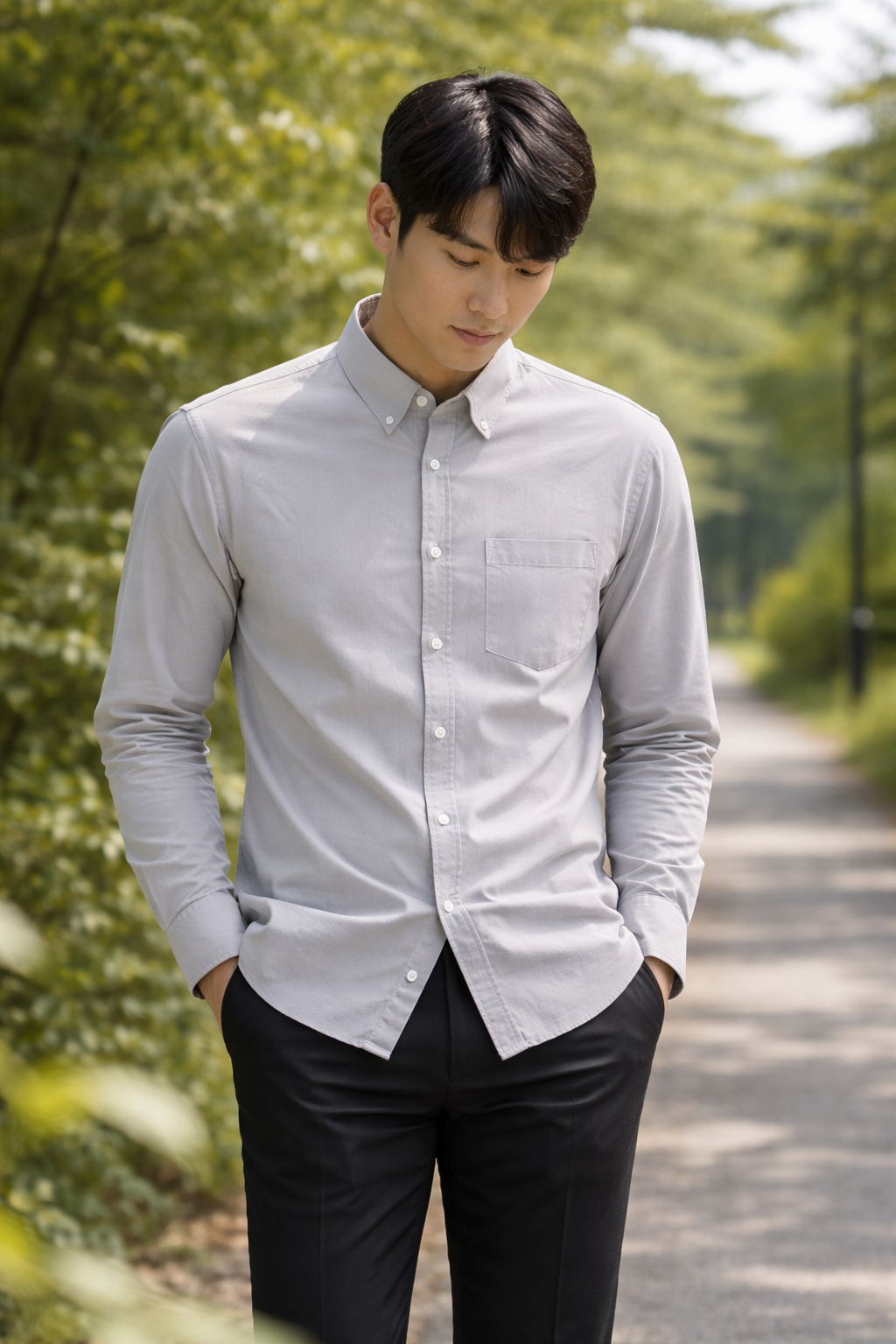 Men's light grey slim-fit casual shirt, product view