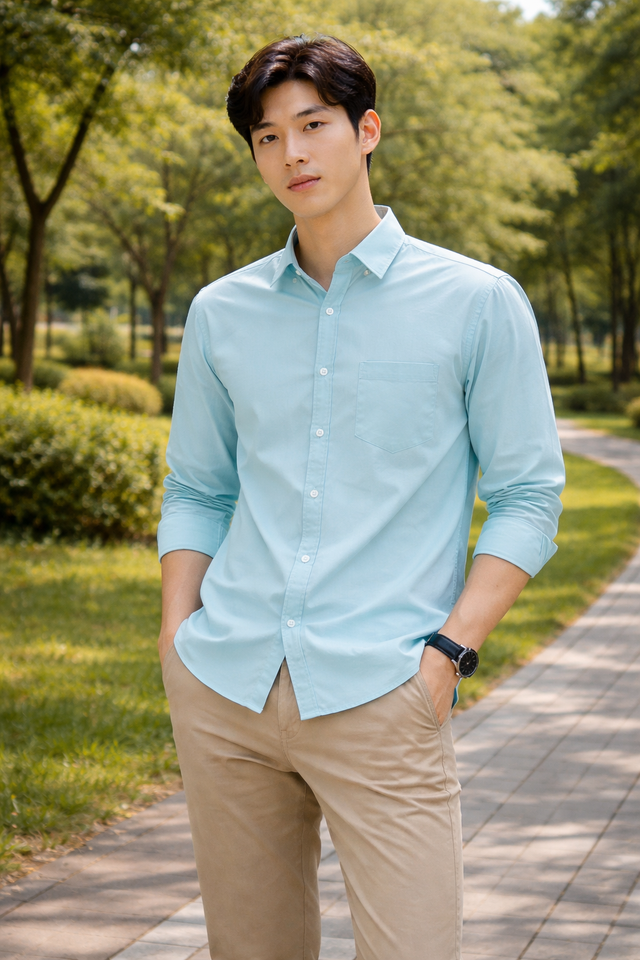 Men's mint blue slim-fit casual shirt, product view