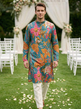 Men Teal Green Floral Printed Kurta 2