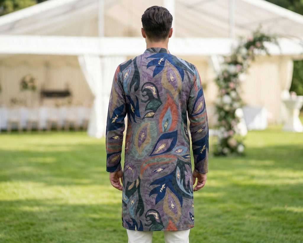 Men Grey Multicolor Abstract Leaf Printed Kurta