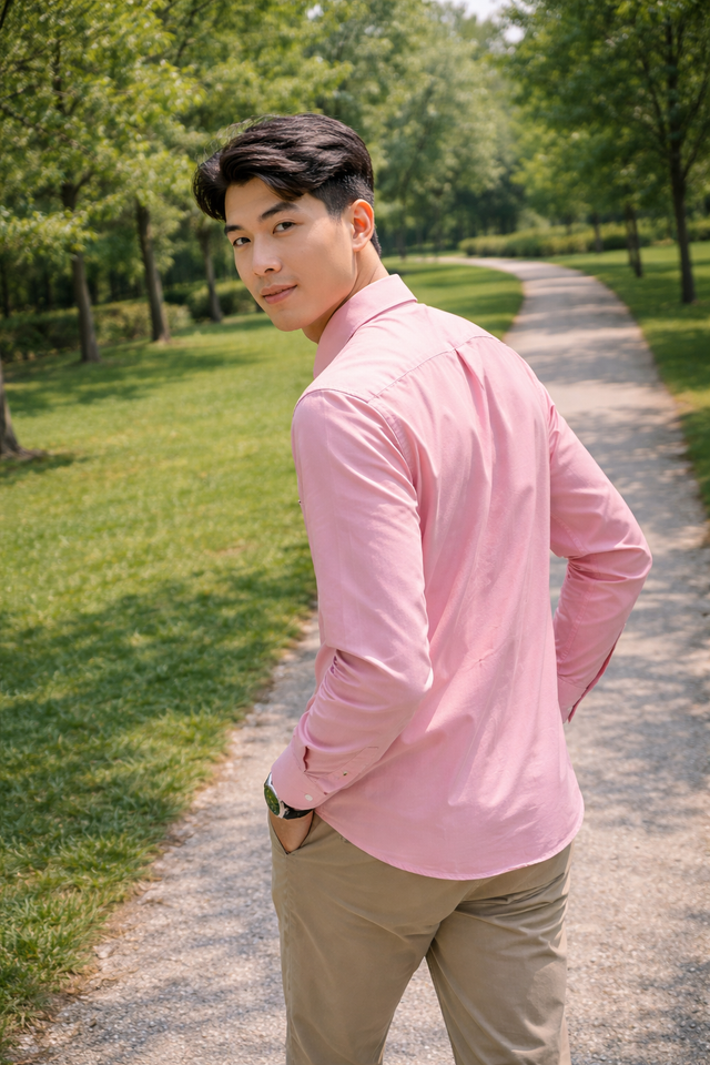 Men's pink slim-fit casual shirt, product view
