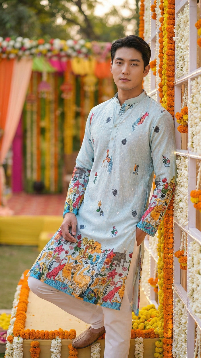 Men’s Pastel Blue Animal & Floral Printed Kurta 2