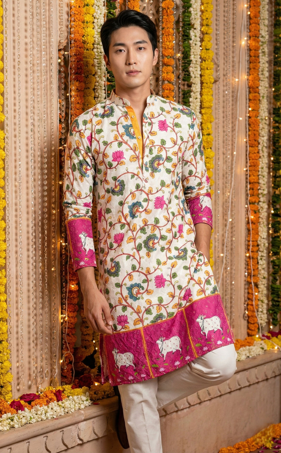 Men’s Off-White Floral Border Printed Kurta