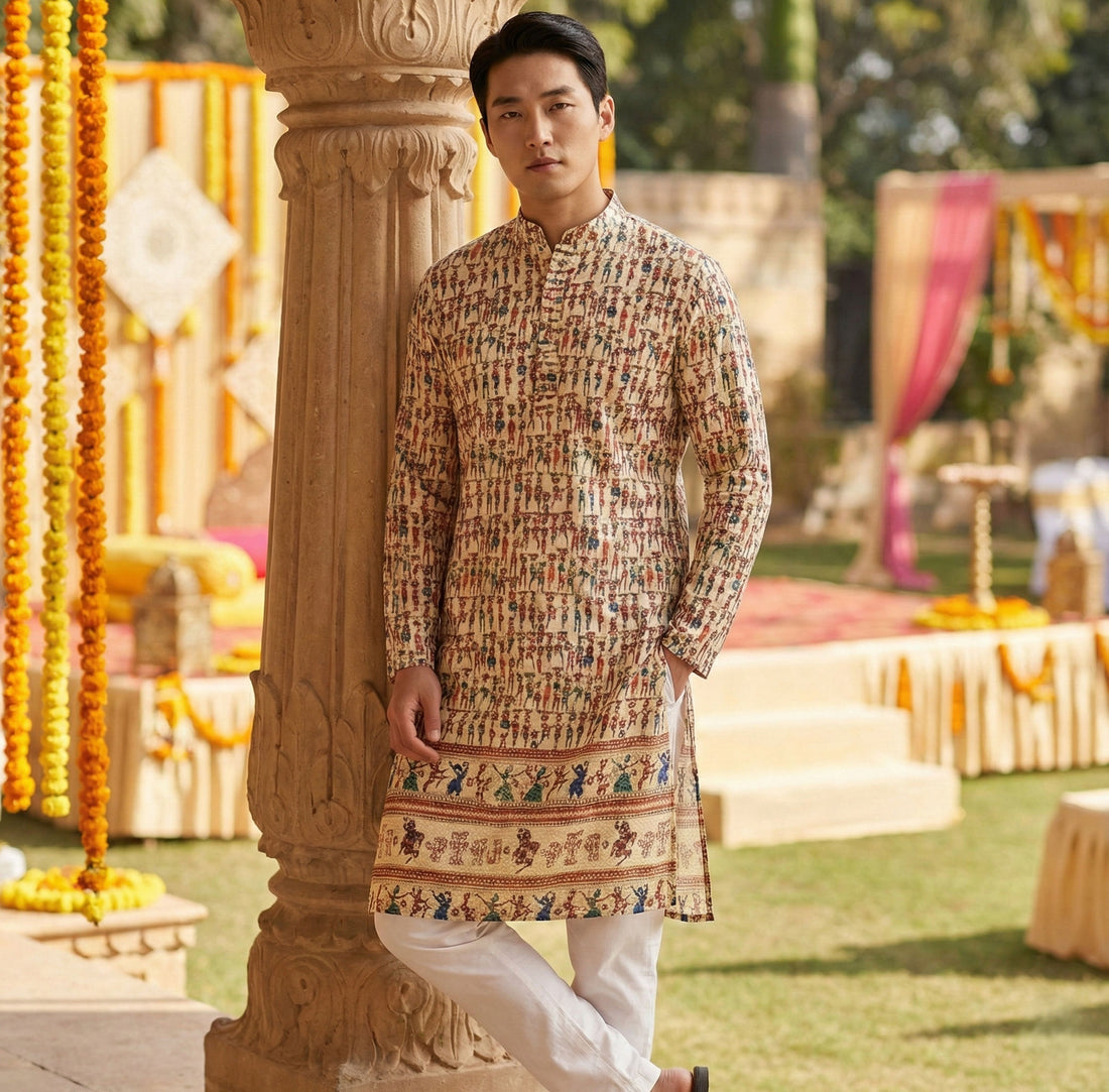 Men’s Cream Figurative Printed Kurta