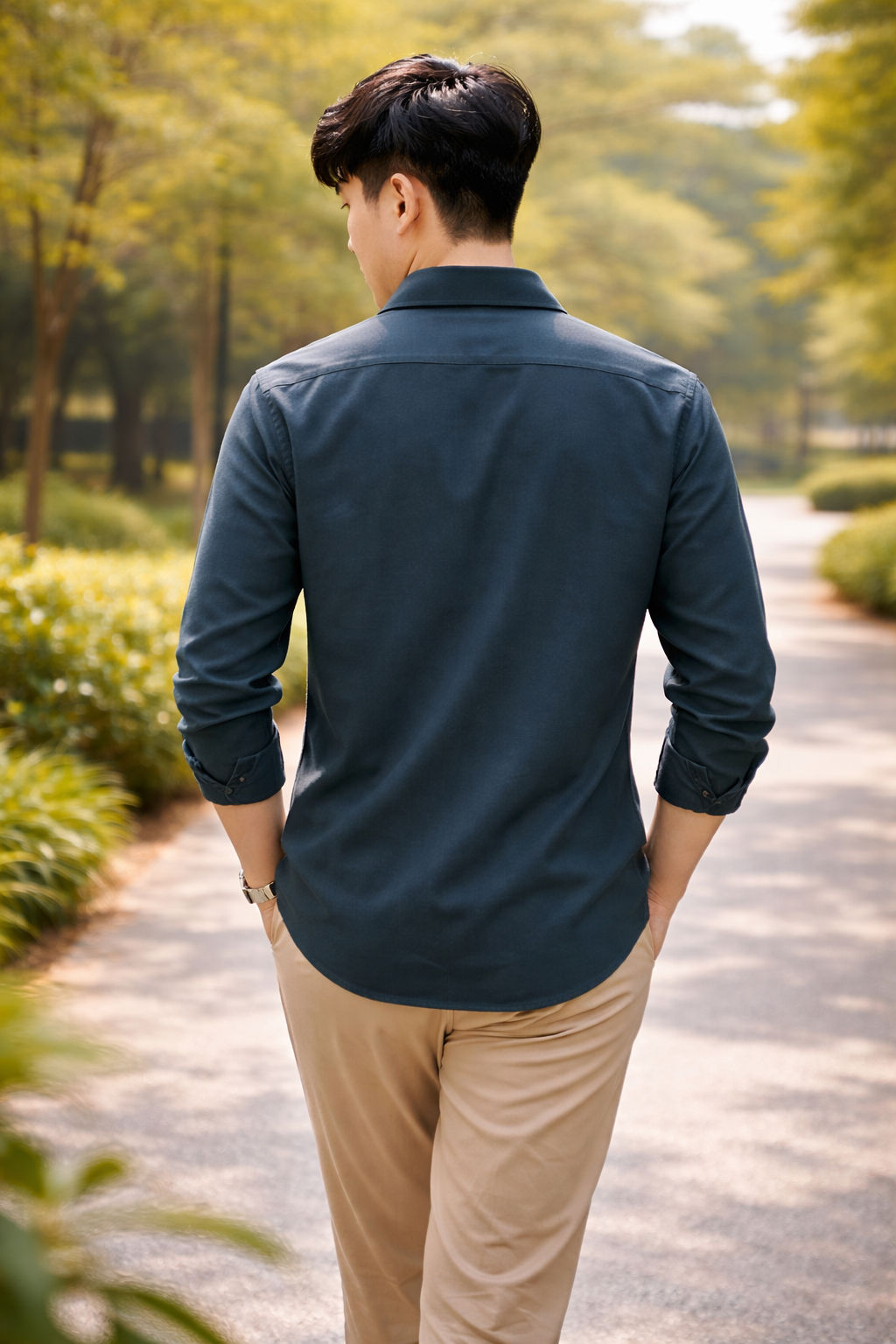 Men's green slim-fit casual shirt, product view