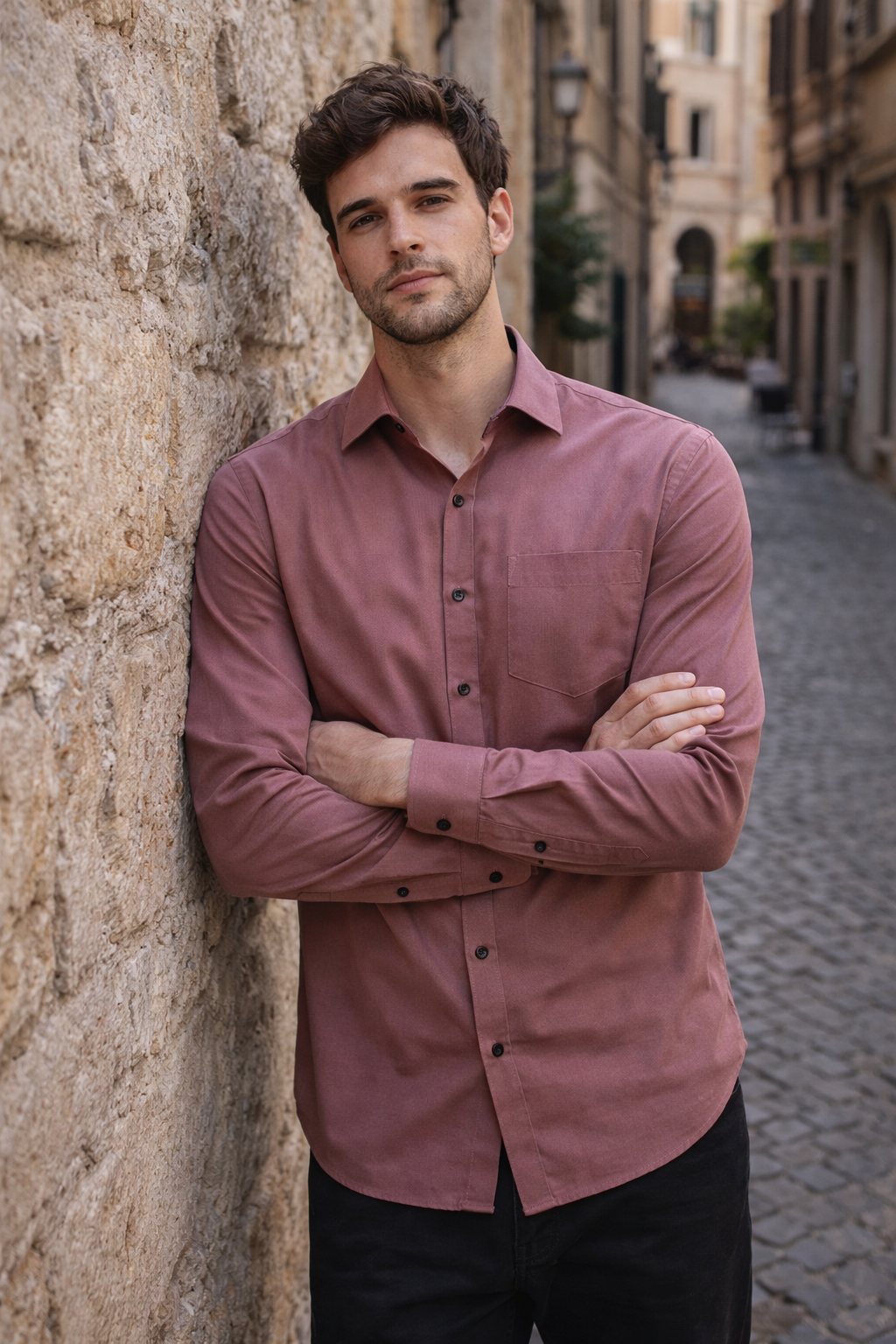 Men Mauve Solid Spread Collar Slim Fit Casual Shirt