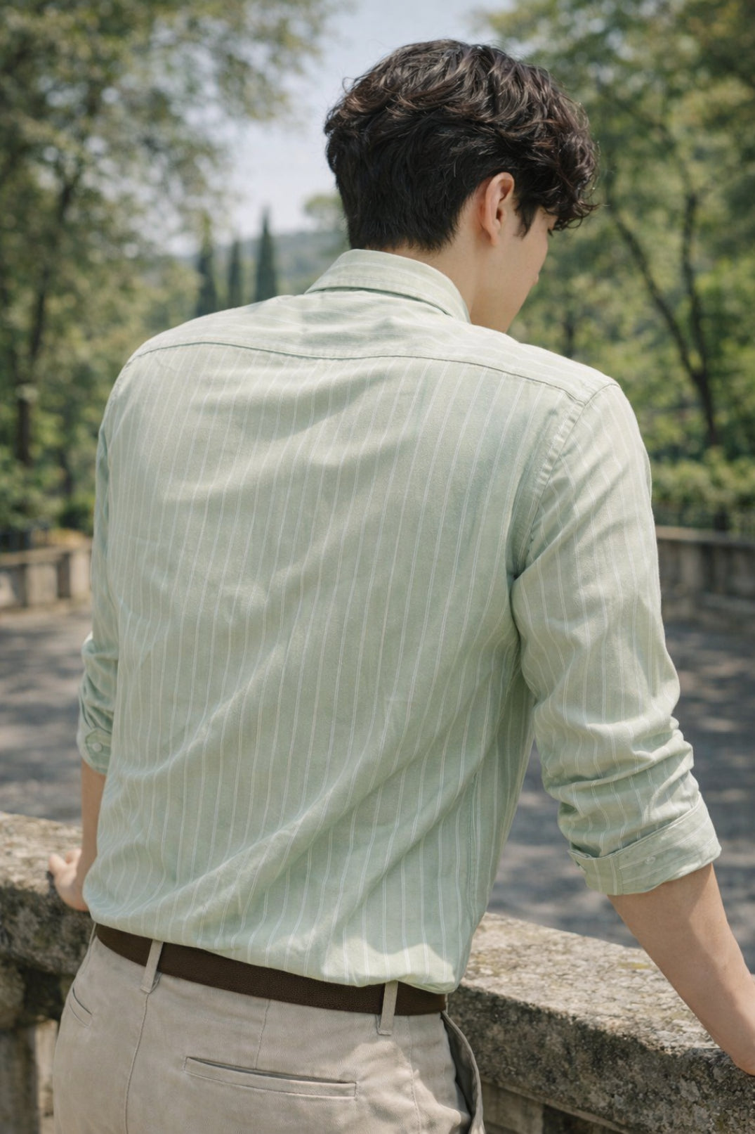 Mens Light Green Striped Slim Fit Casual Shirt
