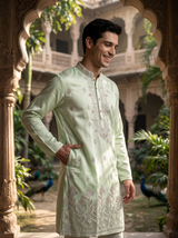 Men's Pistachio Green Embroidered Art Silk Kurta 4