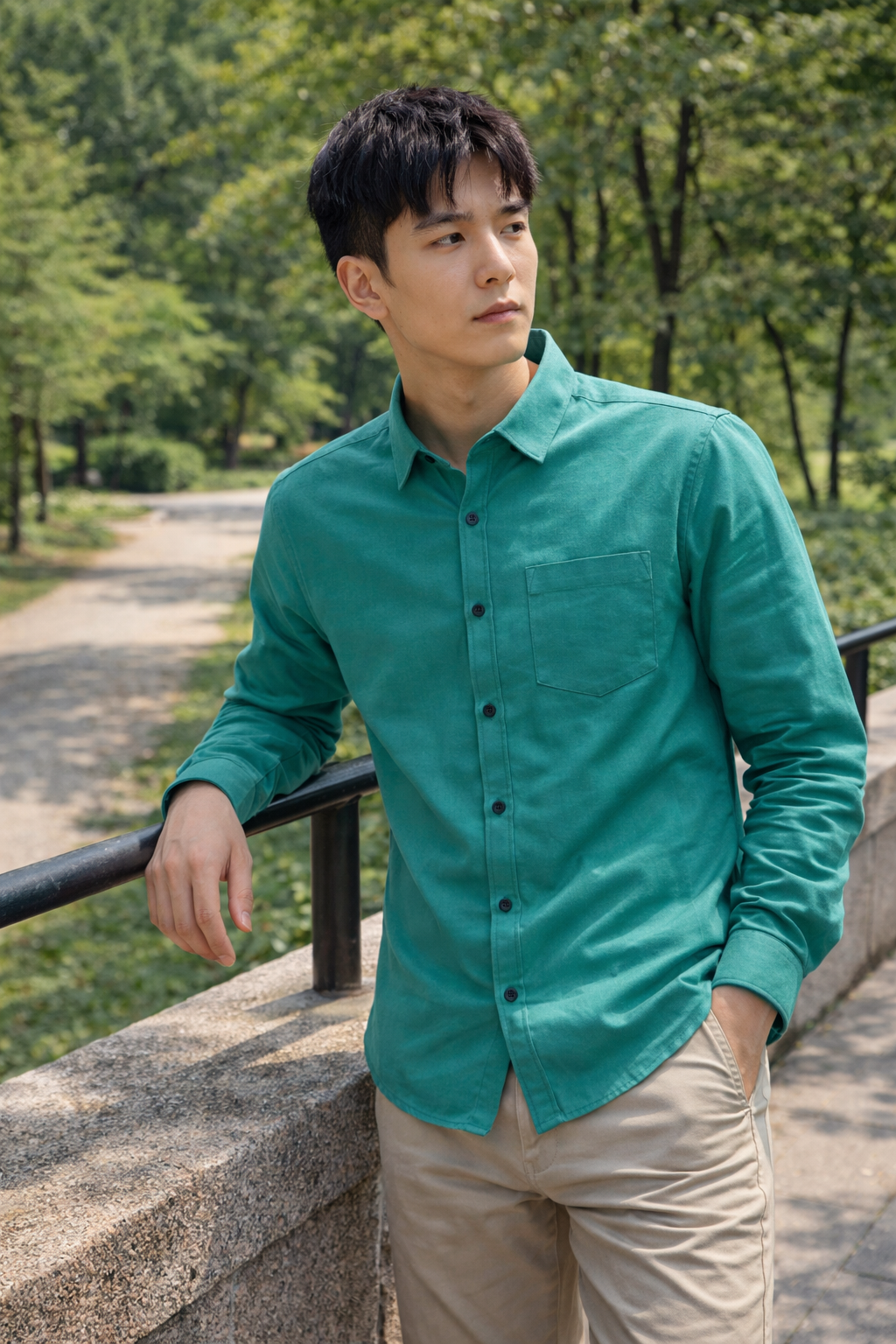 Men's teal green slim-fit casual shirt, product view