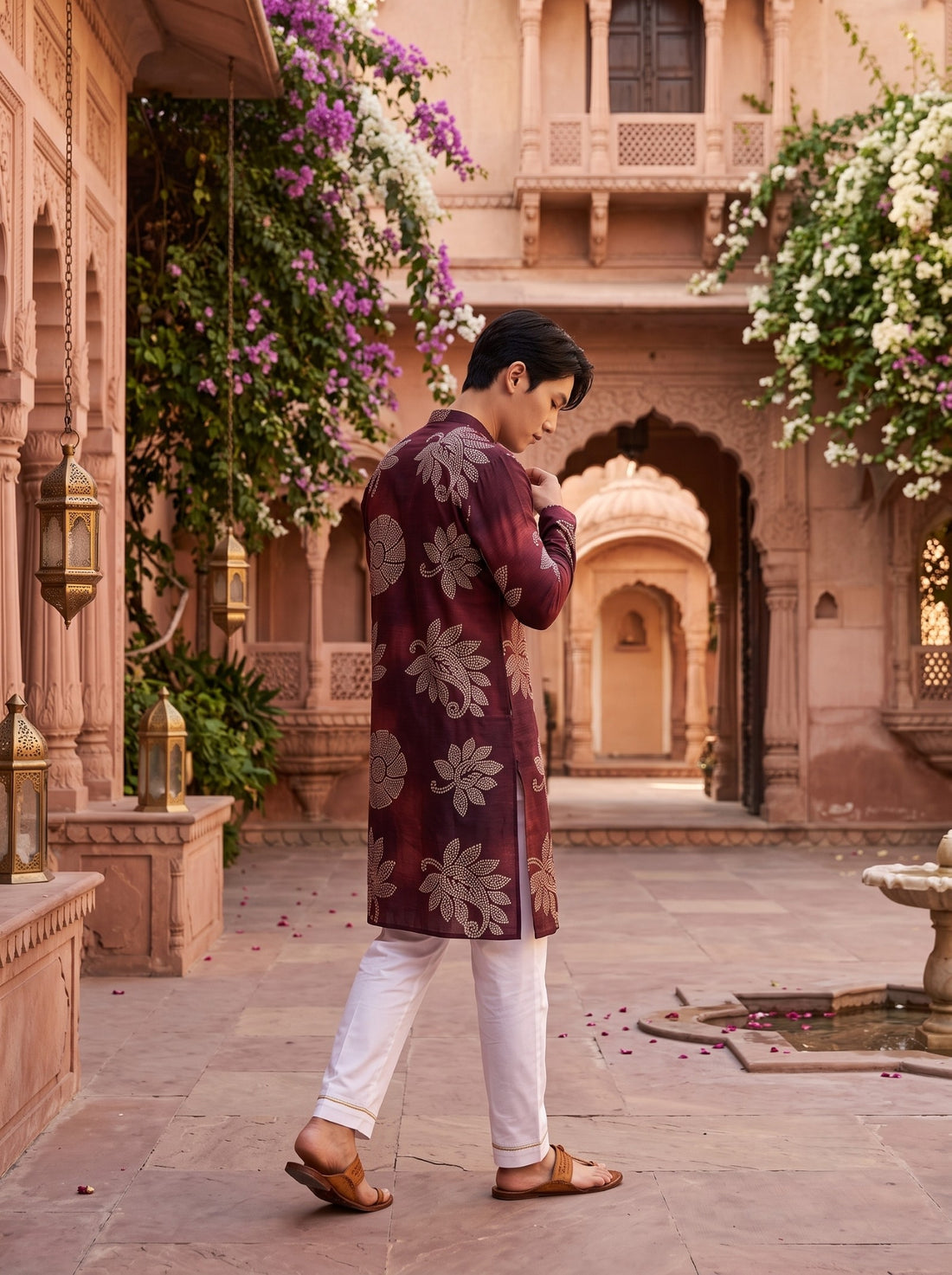 Men's Wine Maroon Beige Botanical Print Viscose Rayon Blend Kurta