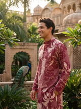 Men's Maroon Floral & Architectural Print Art Silk Blend Kurta 5