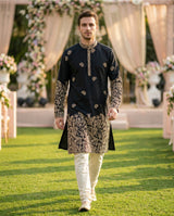 Men Black Embroidered Ethnic Kurta with Gold Detailing 2