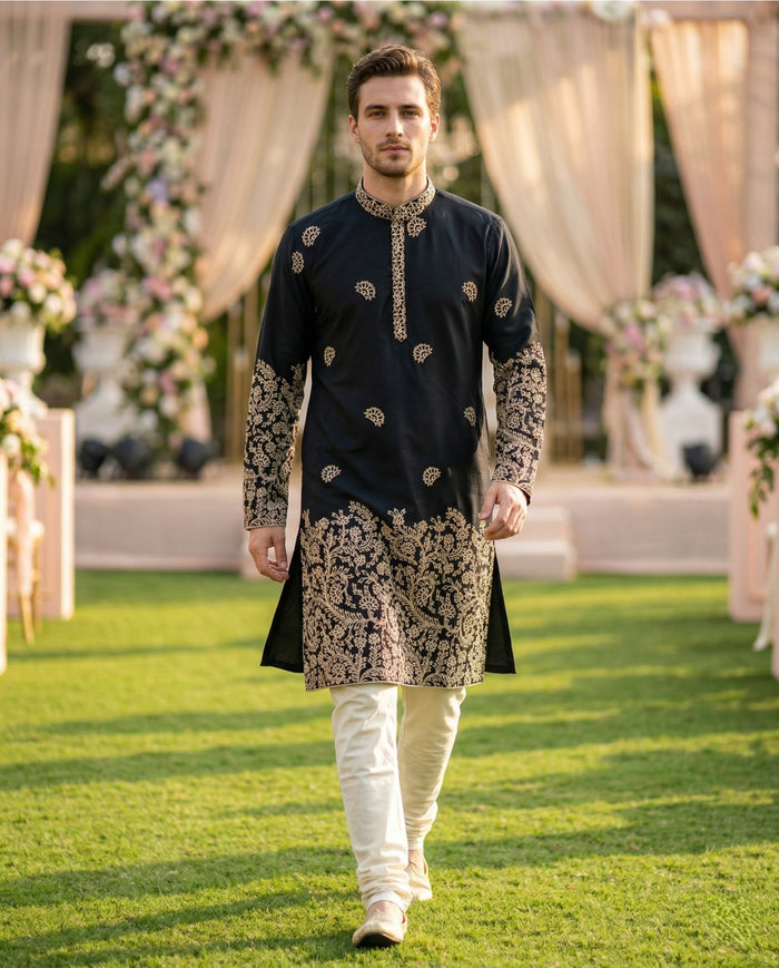 Men Black Embroidered Ethnic Kurta with Gold Detailing 2