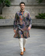 Men Grey Multicolor Abstract Leaf Printed Kurta 2