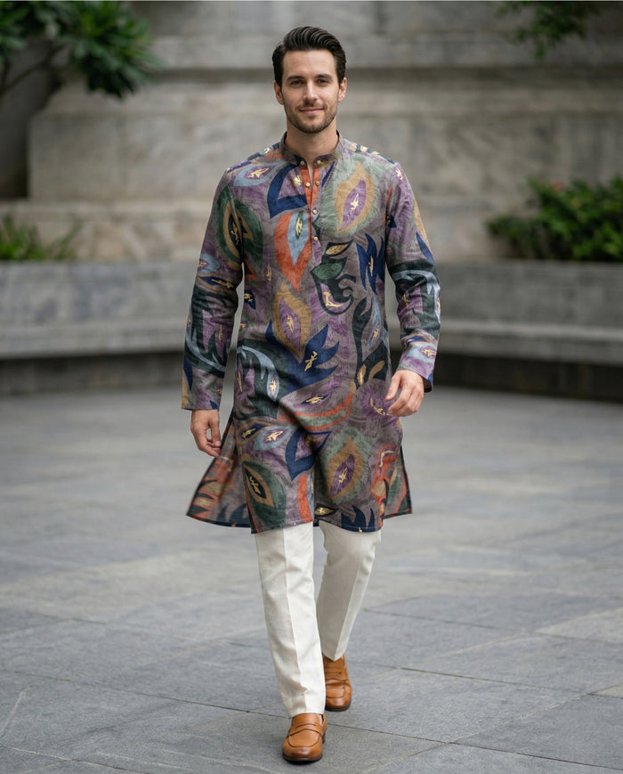 Men’s Grey Abstract Leaf Printed Kurta 2