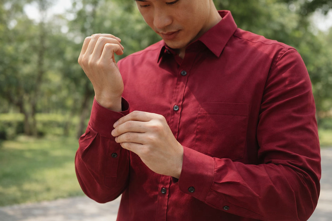 Men's red slim-fit casual shirt, product view