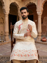 Men Cream Peacock Embroidered Ethnic Kurta with Floral Border 5