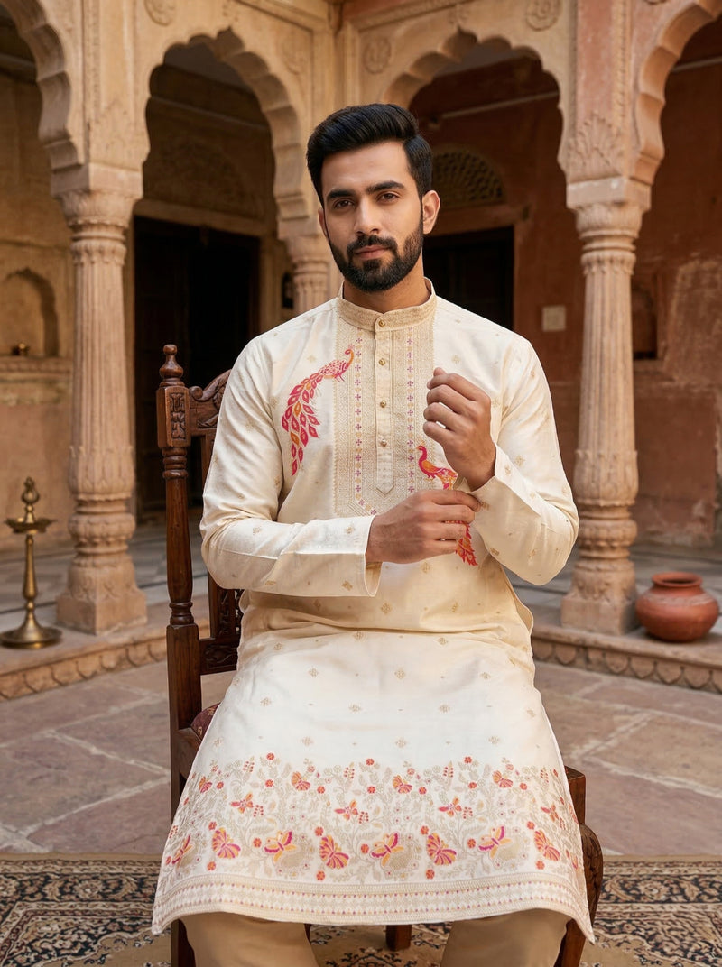 Men Cream Peacock Embroidered Ethnic Kurta with Floral Border 5