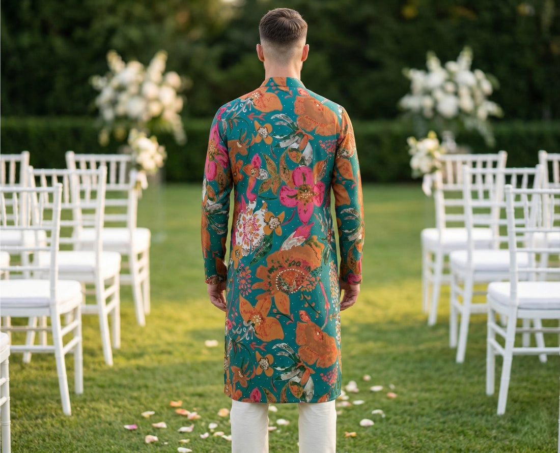Men Teal Green Floral Printed Kurta