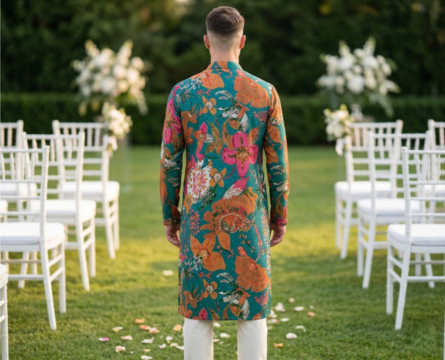 Men Teal Green Floral Printed Kurta